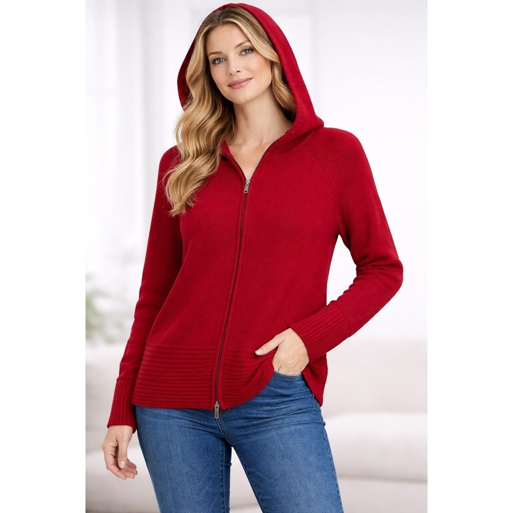 Alexandra Bartlett Red 100% Lambs Wool Knit Zip Up Hoodie Sweater Women's Size M